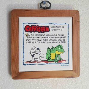 Vintage Contenova Zodiac Horoscope Ceramic Tile Wood Frame "Capricorn" Whimsical